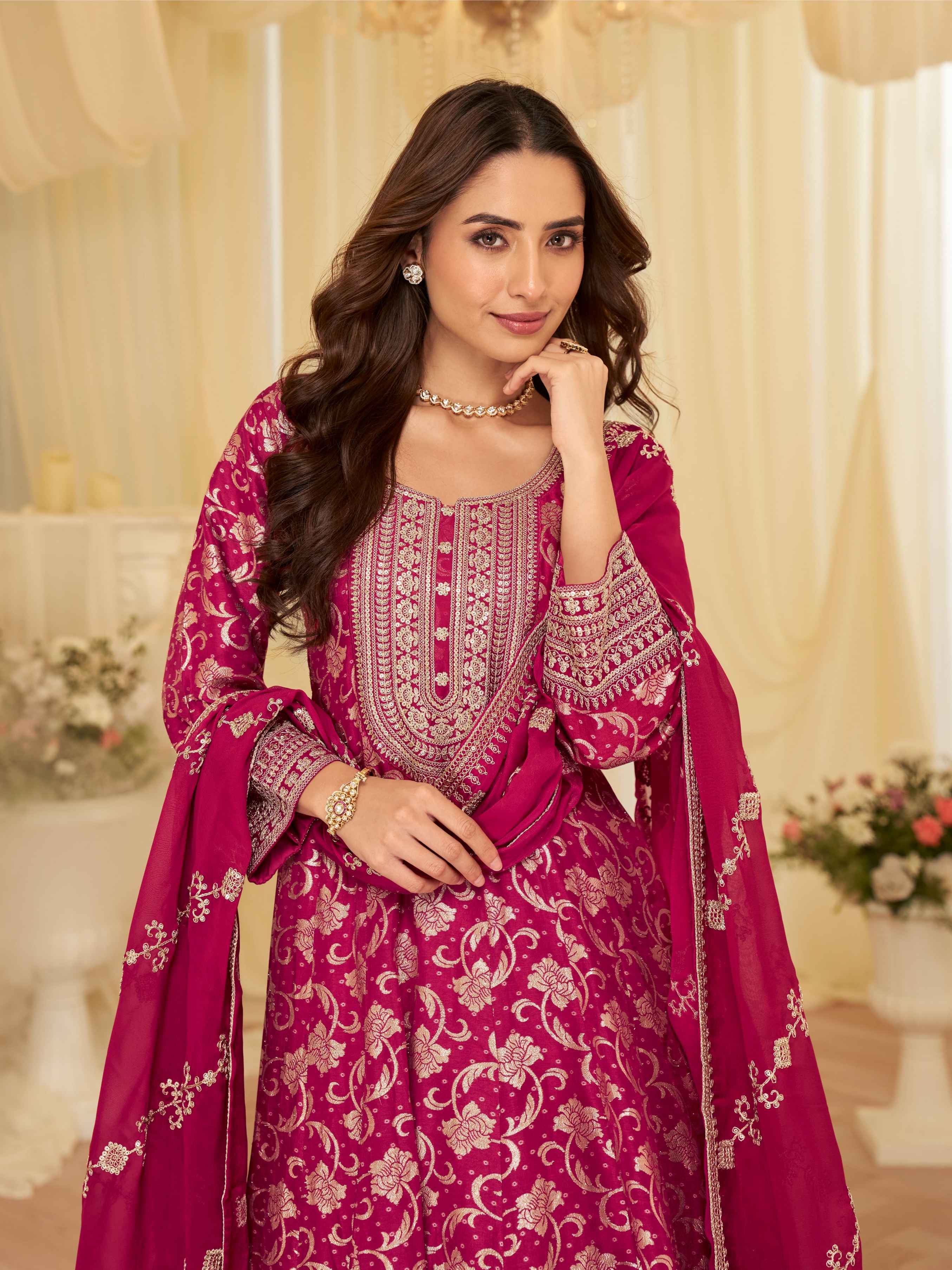 Wine Pure Viscose Jacquard Silk Embroidered Anarkali Gown with Dupatta