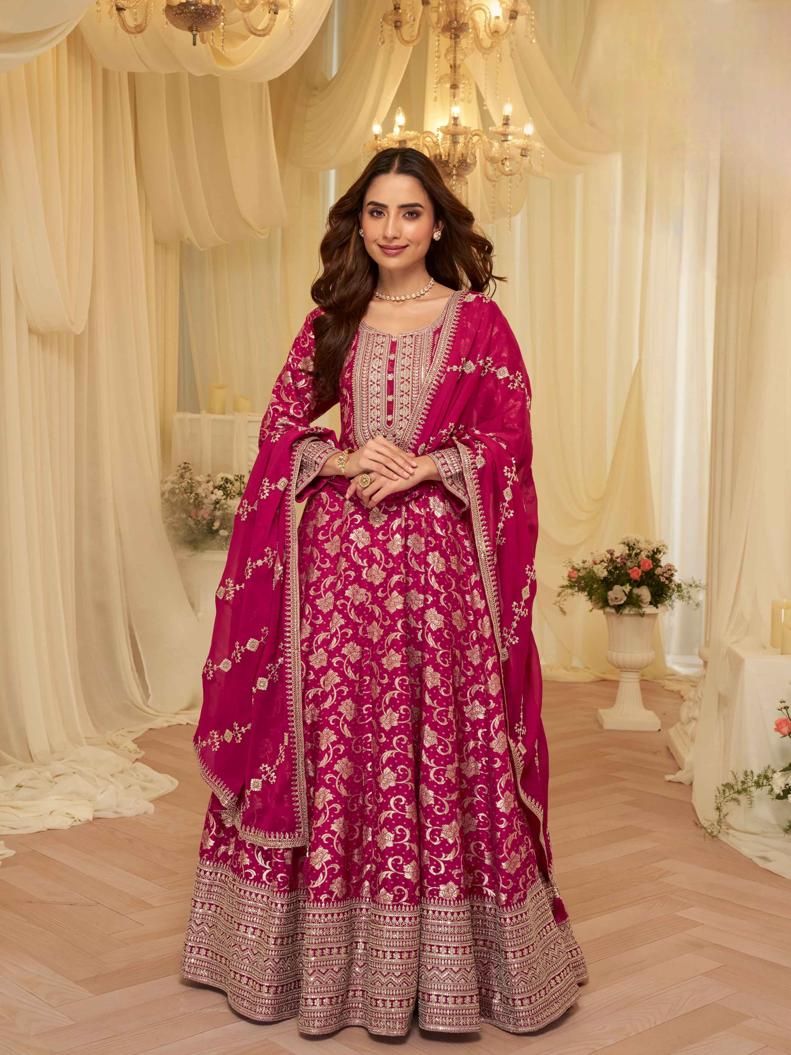 Wine Pure Viscose Jacquard Silk Embroidered Anarkali Gown with Dupatta