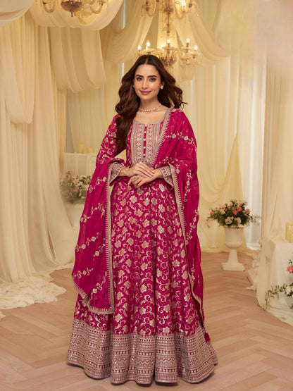 Wine Pure Viscose Jacquard Silk Embroidered Anarkali Gown with Dupatta