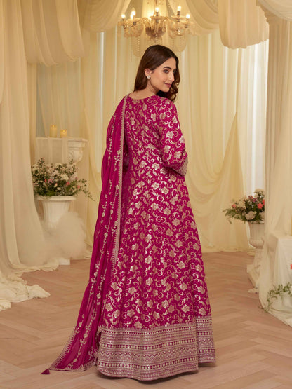 Wine Pure Viscose Jacquard Silk Embroidered Anarkali Gown with Dupatta