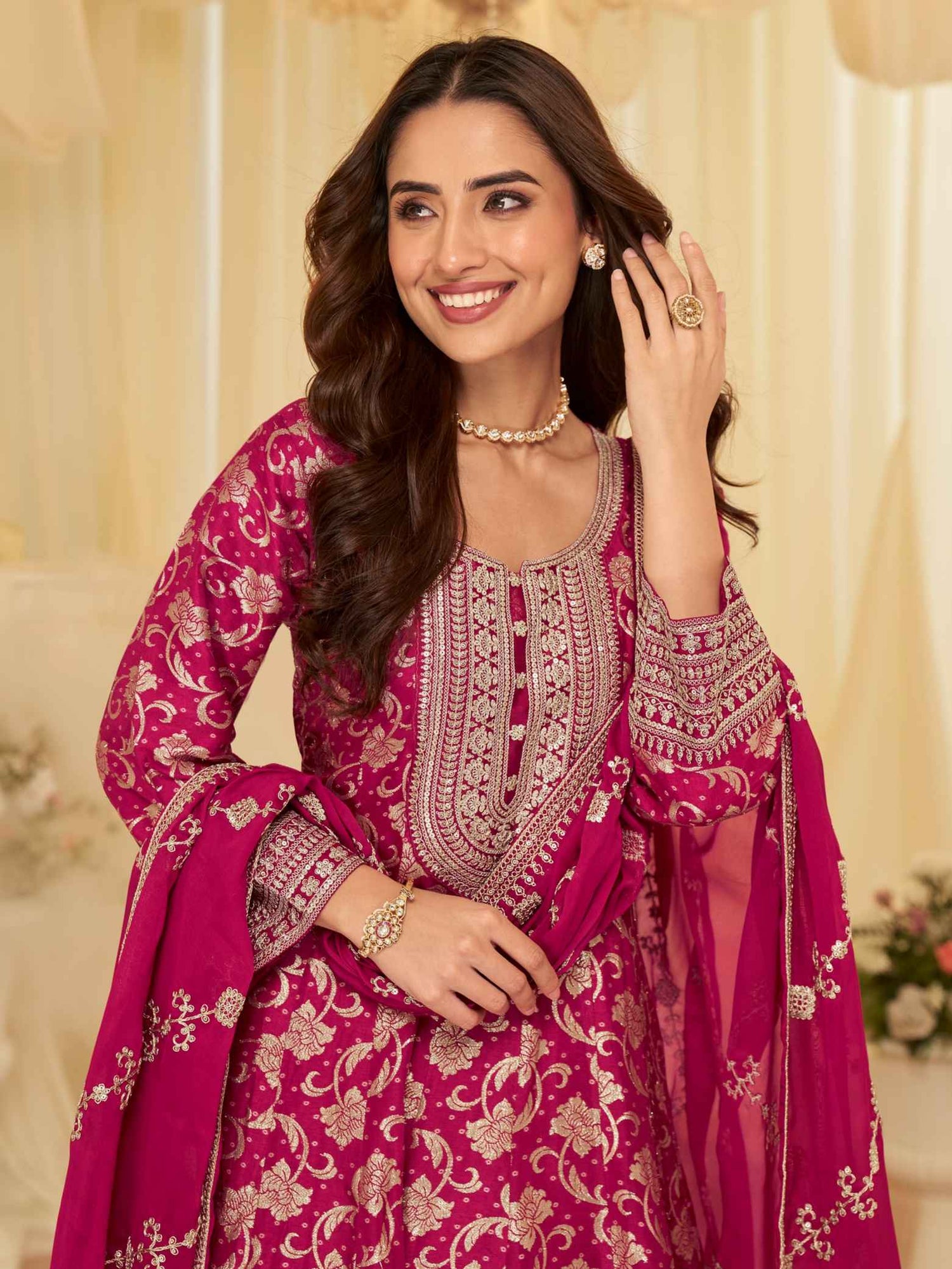 Wine Pure Viscose Jacquard Silk Embroidered Anarkali Gown with Dupatta