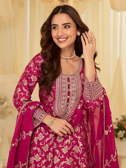 Wine Pure Viscose Jacquard Silk Embroidered Anarkali Gown with Dupatta