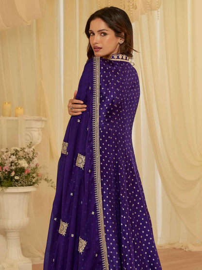 Royal Blue Pure Viscose Jacquard Silk Embroidered Anarkali Gown