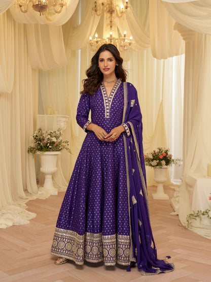 Royal Blue Pure Viscose Jacquard Silk Embroidered Anarkali Gown
