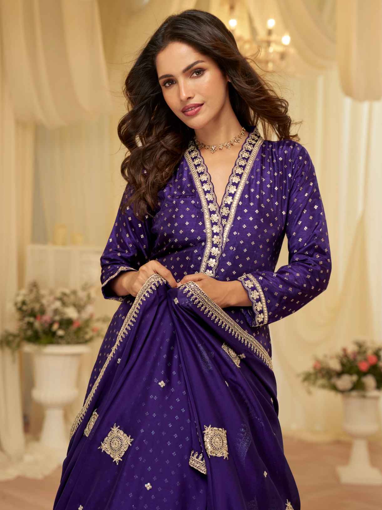 Royal Blue Pure Viscose Jacquard Silk Embroidered Anarkali Gown