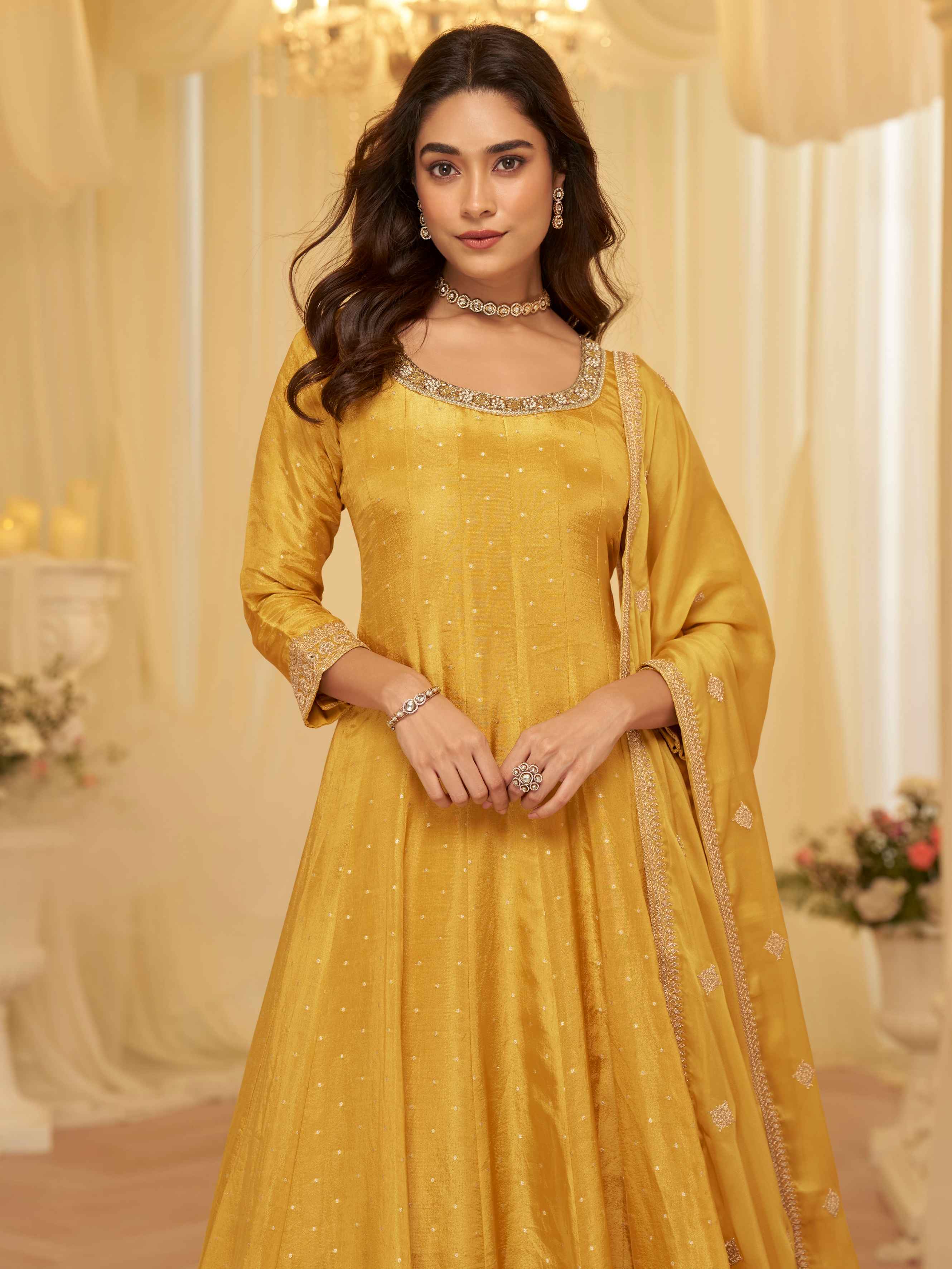 Yellow Pure Viscose Jacquard Silk Embroidered Anarkali Gown