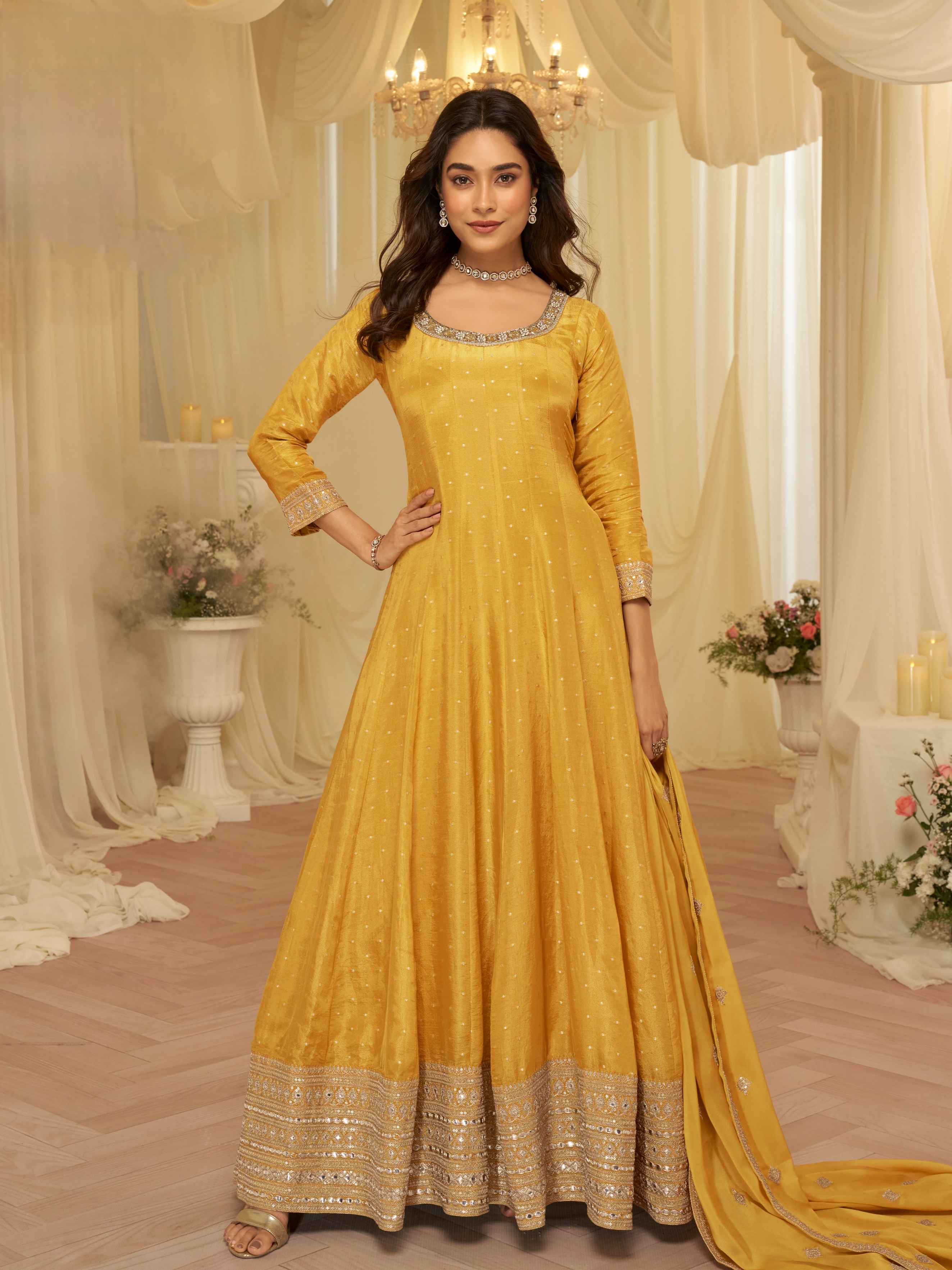 Yellow Pure Viscose Jacquard Silk Embroidered Anarkali Gown