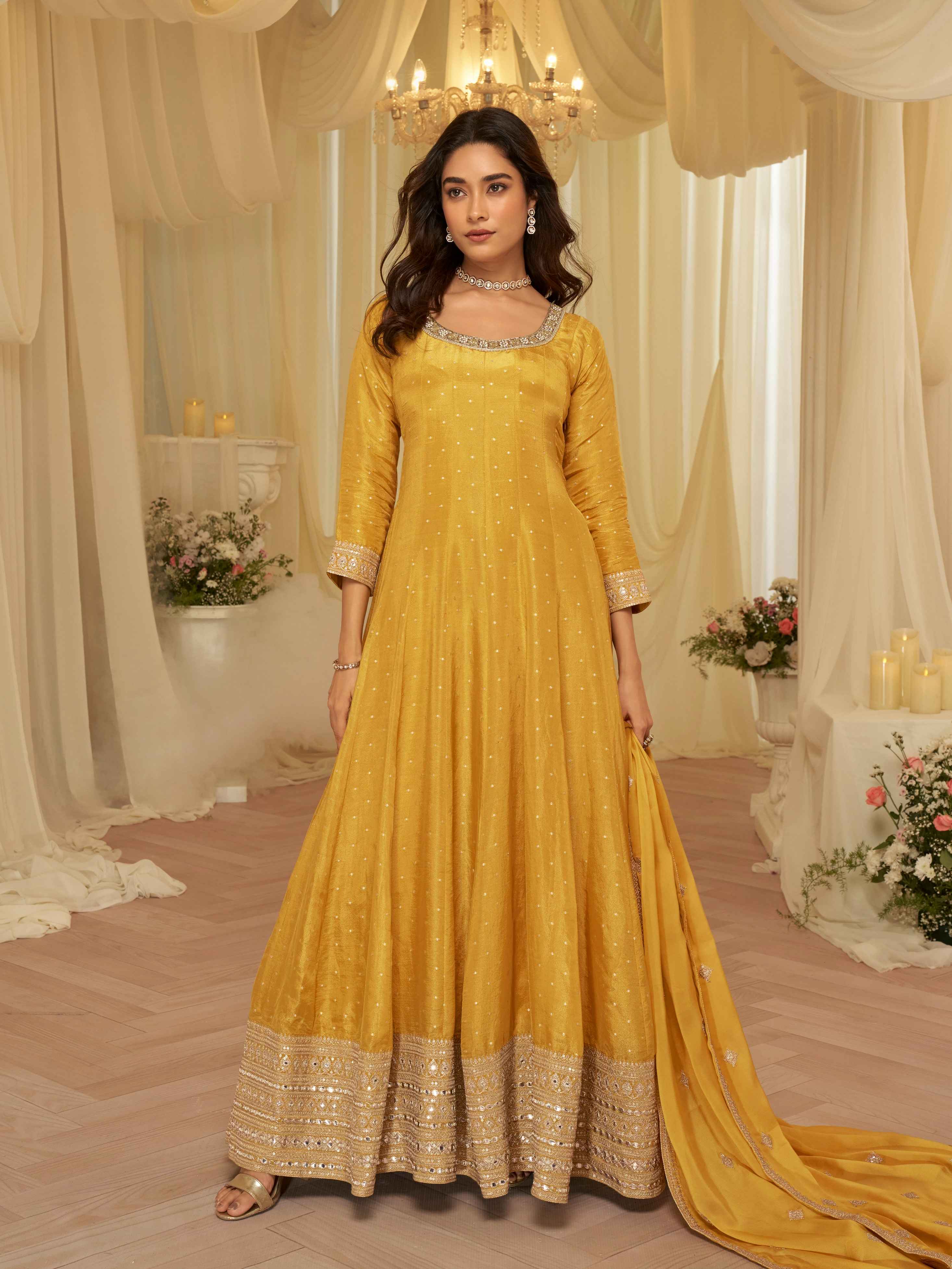 Yellow Pure Viscose Jacquard Silk Embroidered Anarkali Gown