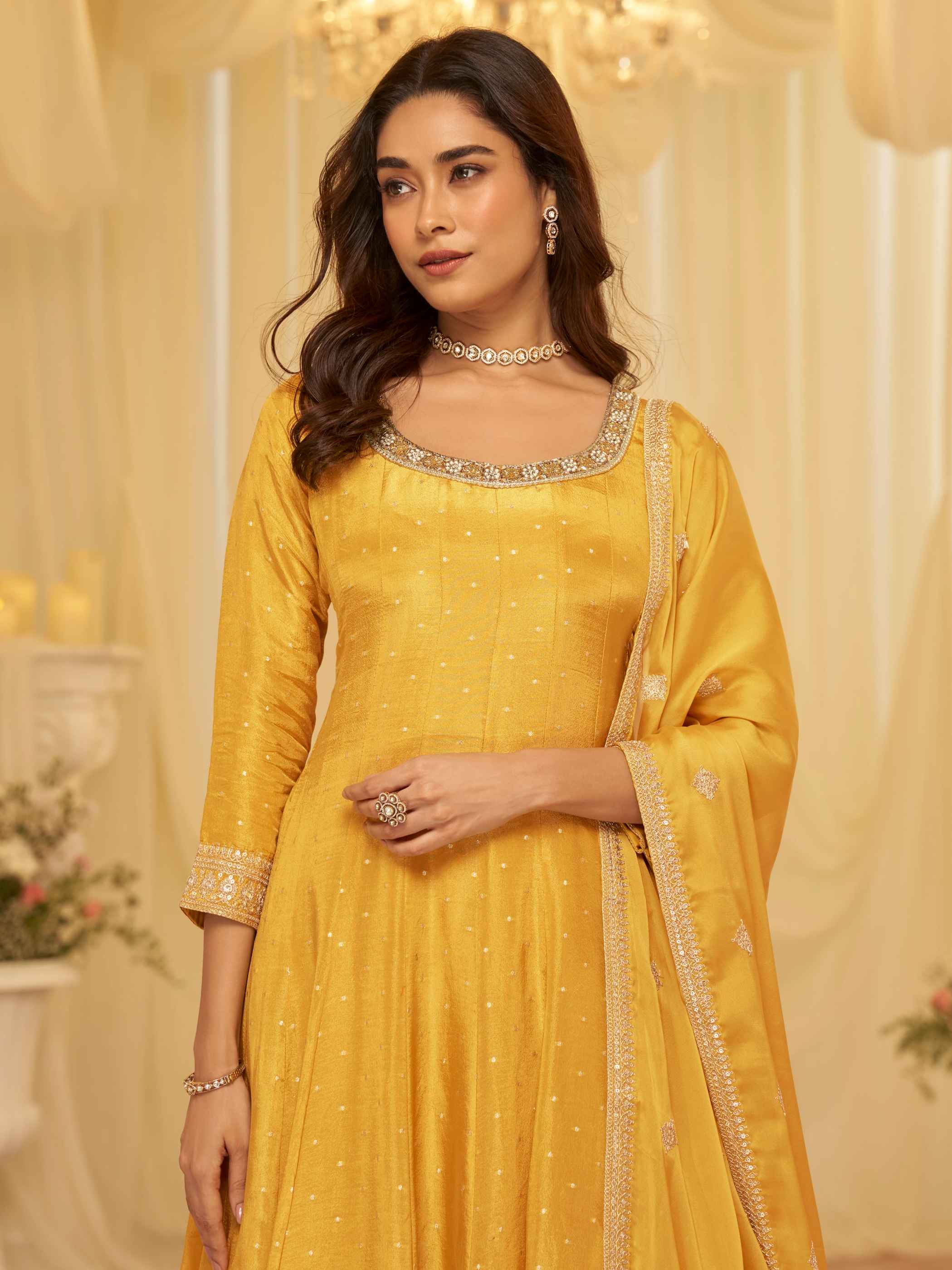 Yellow Pure Viscose Jacquard Silk Embroidered Anarkali Gown
