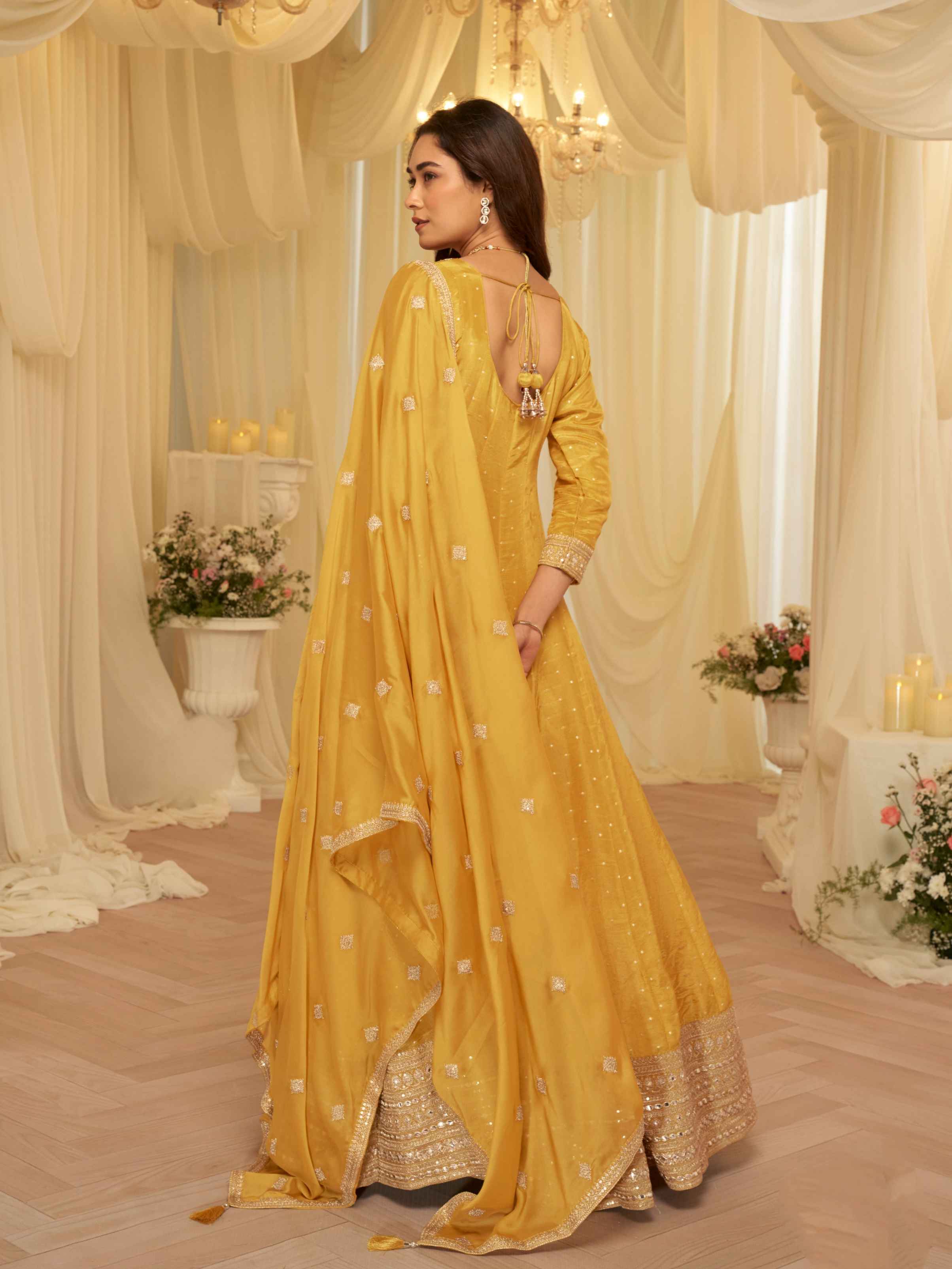 Yellow Pure Viscose Jacquard Silk Embroidered Anarkali Gown