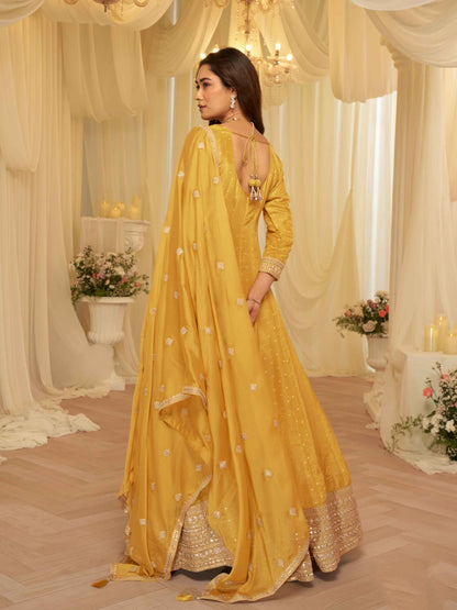 Yellow Pure Viscose Jacquard Silk Embroidered Anarkali Gown