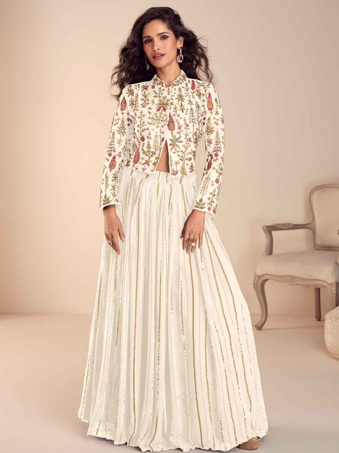 Ivory Embroidered Vechitra Silk Crop Top Skirt Set with Dupatta