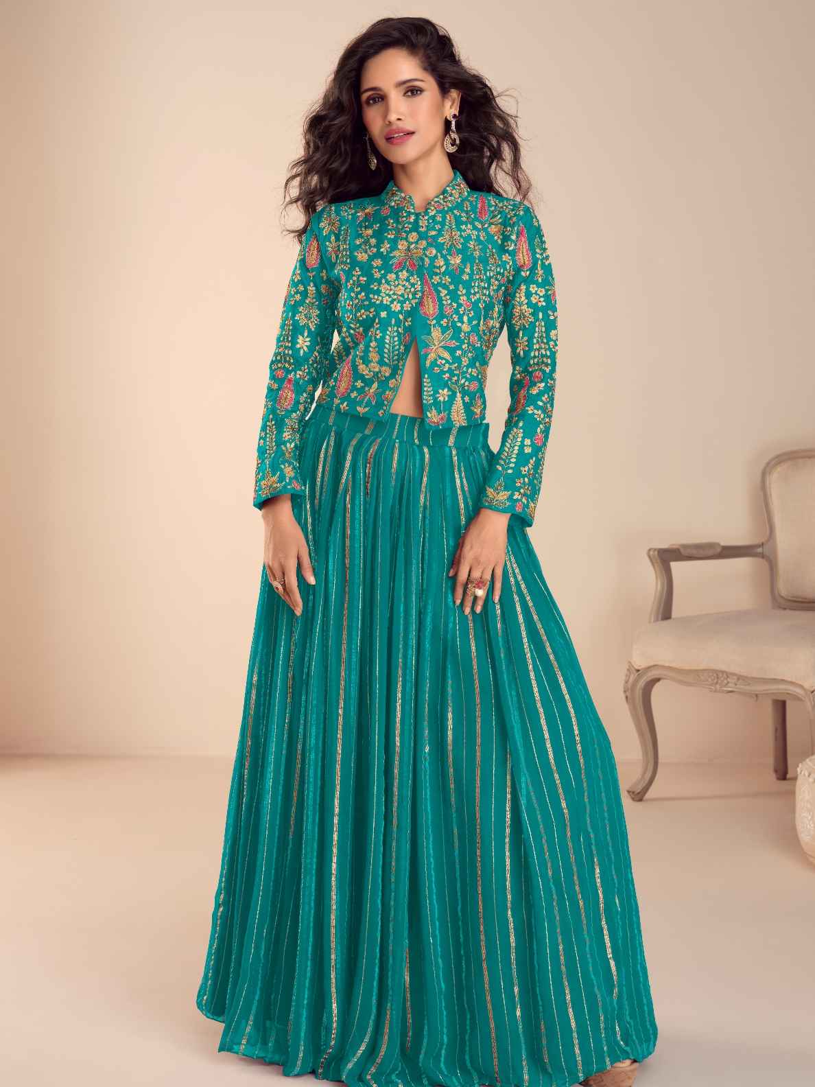 Teal Green Embroidered Vechitra Silk Crop Top Skirt Set with Dupatta
