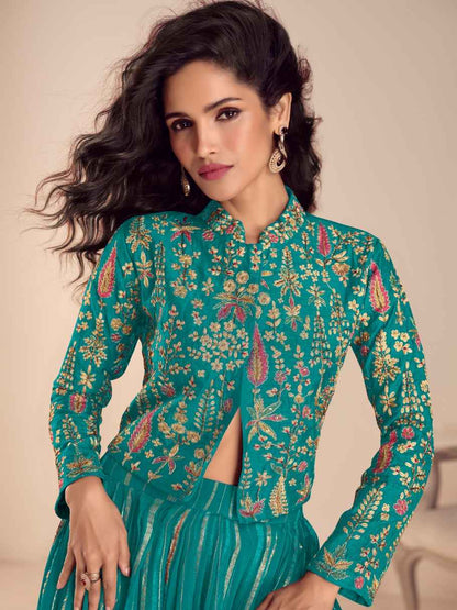 Teal Green Embroidered Vechitra Silk Crop Top Skirt Set with Dupatta