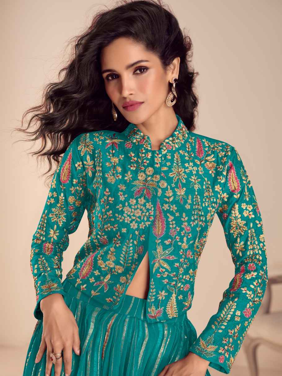 Teal Green Embroidered Vechitra Silk Crop Top Skirt Set with Dupatta