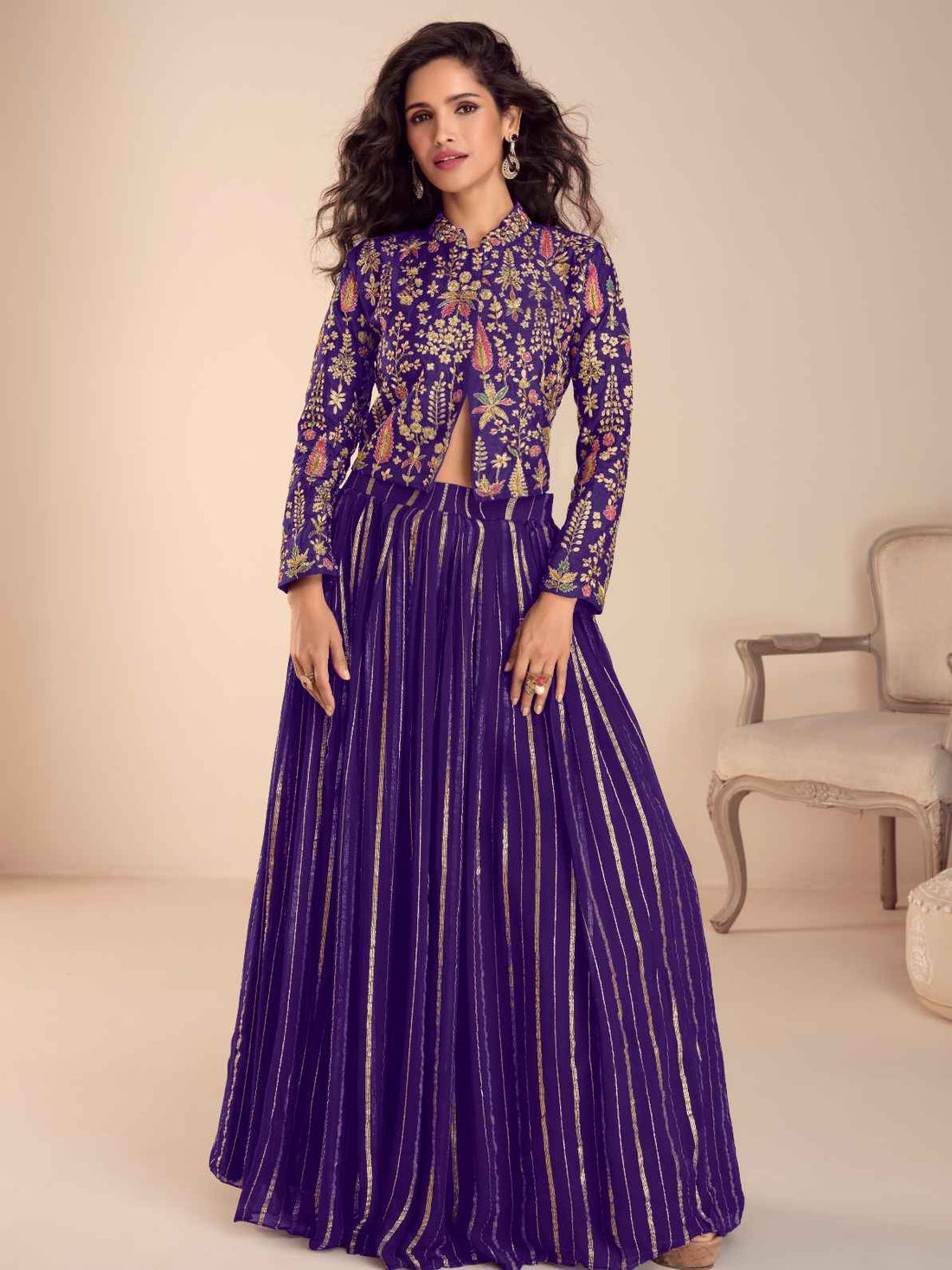 Purple Embroidered Vechitra Silk Crop Top Skirt Set with Dupatta