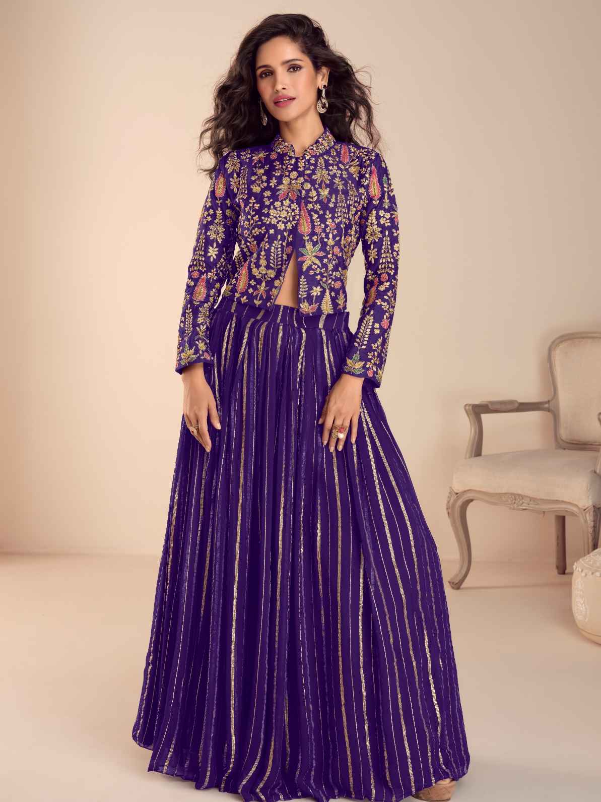 Purple Embroidered Vechitra Silk Crop Top Skirt Set with Dupatta