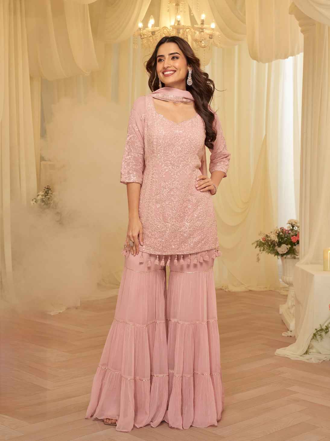 Blush Pink Chikankari Georgette Sharara Suit with Dupatta