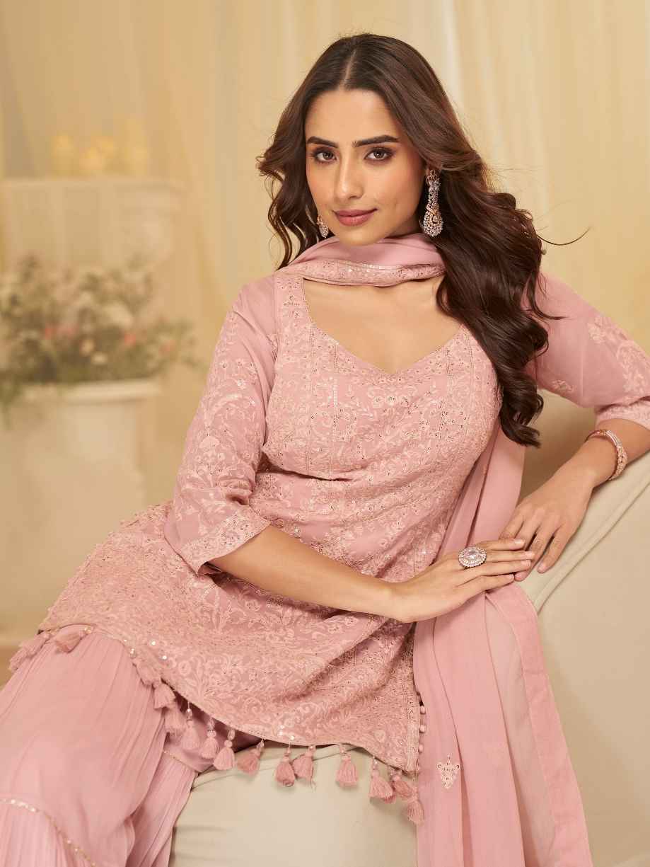 Blush Pink Chikankari Georgette Sharara Suit with Dupatta