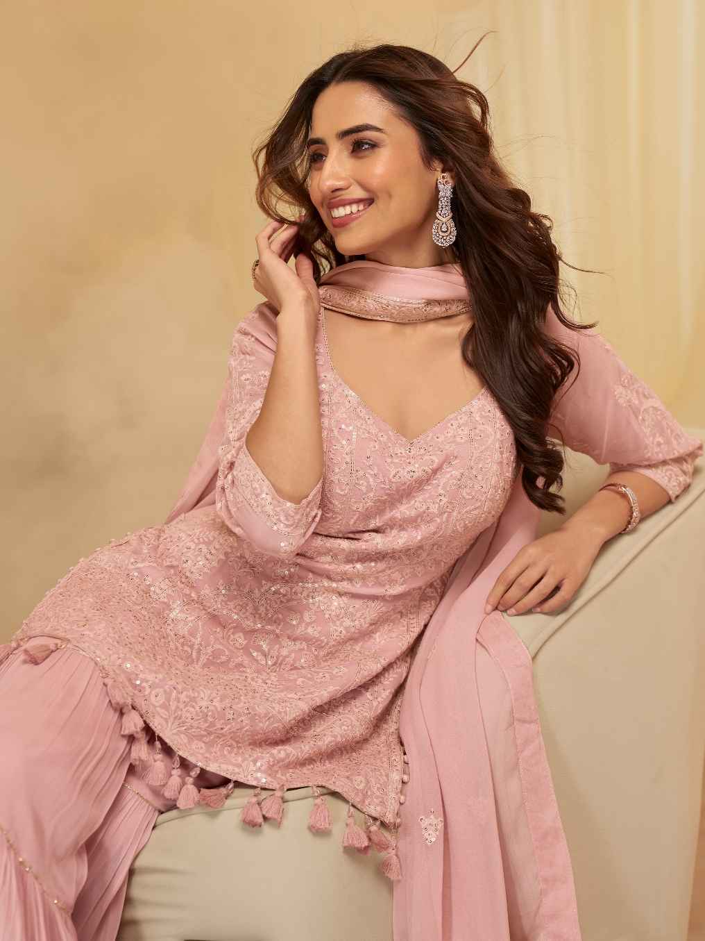Blush Pink Chikankari Georgette Sharara Suit with Dupatta