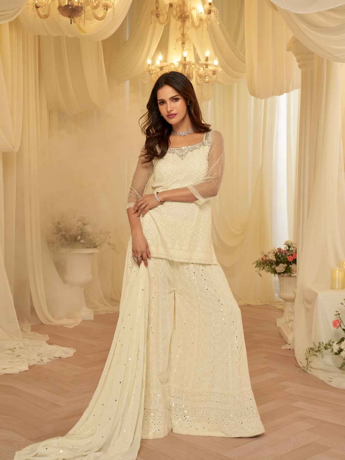 Cream Georgette Chikankari Sharara Set with Sheer Sleeves &amp; Dupatta