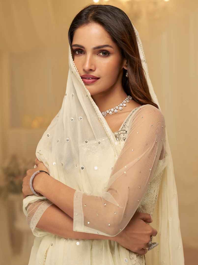 Cream Georgette Chikankari Sharara Set with Sheer Sleeves & Dupatta