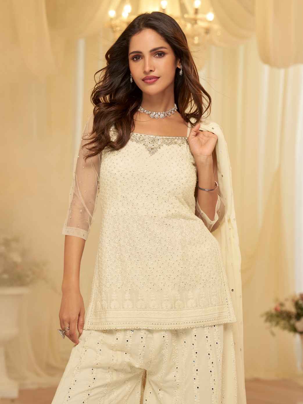Cream Georgette Chikankari Sharara Set with Sheer Sleeves &amp; Dupatta