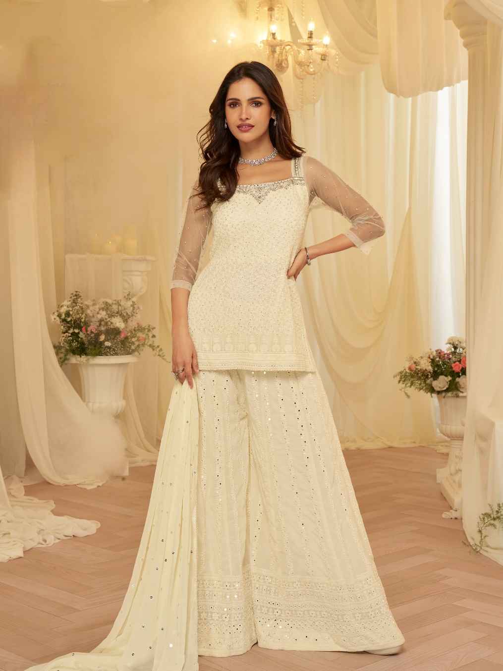 Cream Georgette Chikankari Sharara Set with Sheer Sleeves & Dupatta