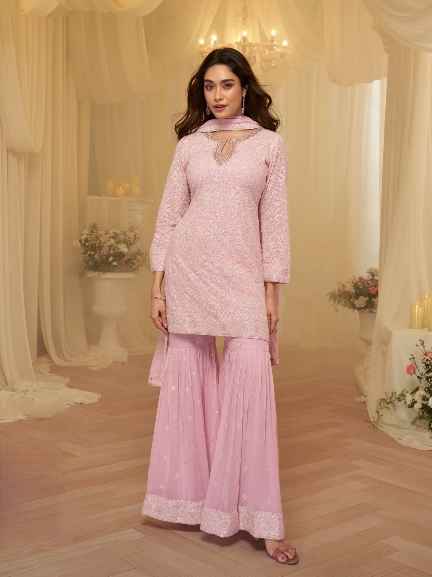Dusty Rose Pink Chikankari Kurti Sharara Suit with Dupatta