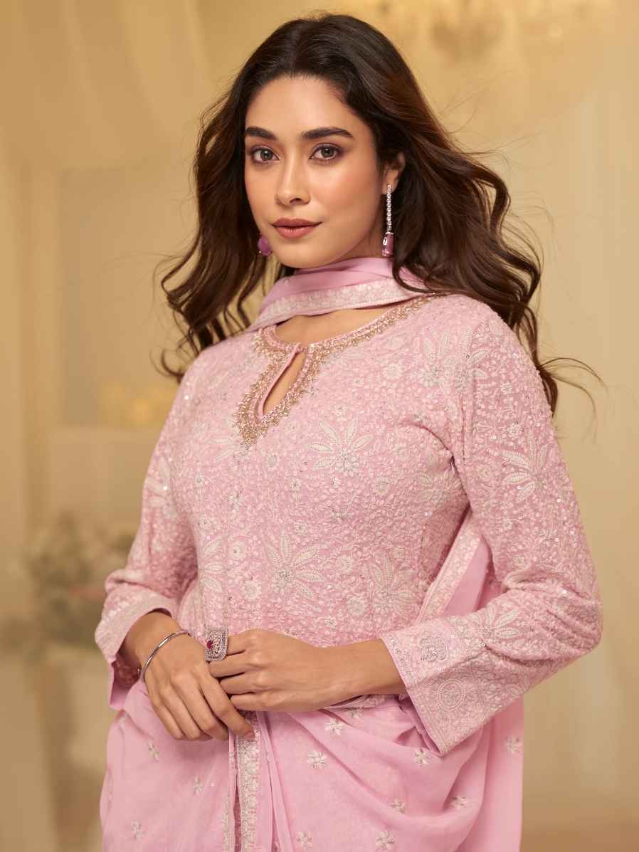 Dusty Rose Pink Chikankari Kurti Sharara Suit with Dupatta