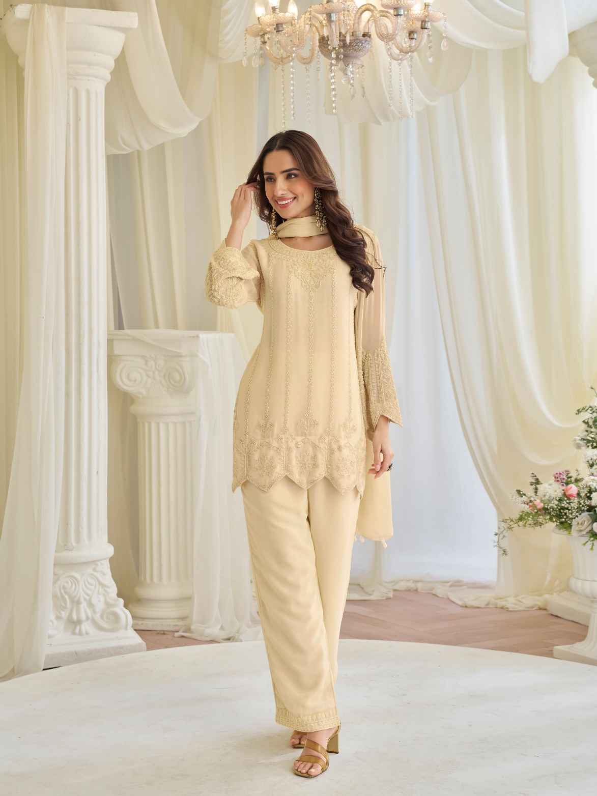 Cream Beads Embroidered Chinon Silk Kurti Palazzo Set with Dupatta