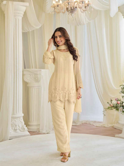 Cream Beads Embroidered Chinon Silk Kurti Palazzo Set with Dupatta