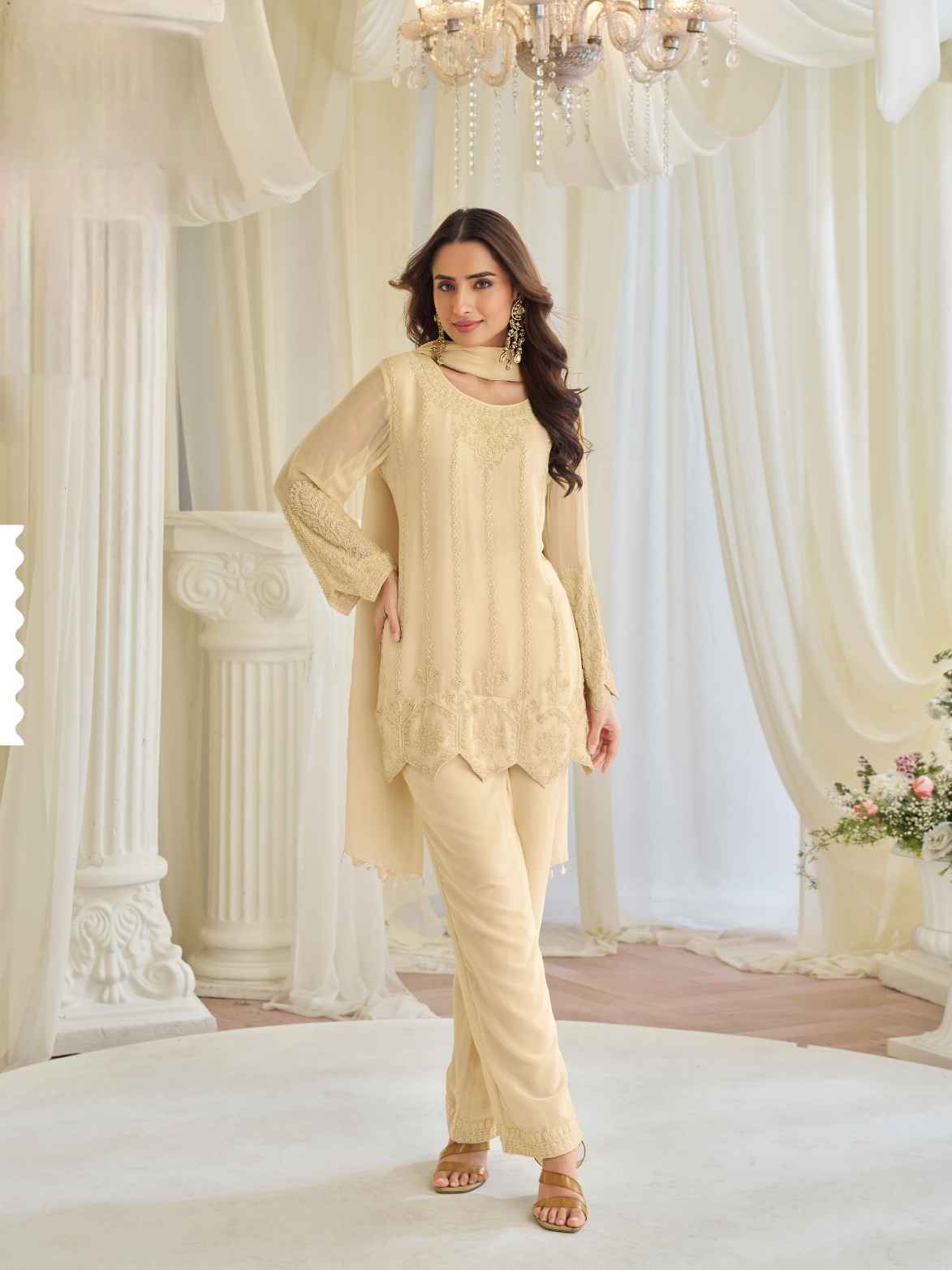 Cream Beads Embroidered Chinon Silk Kurti Palazzo Set with Dupatta