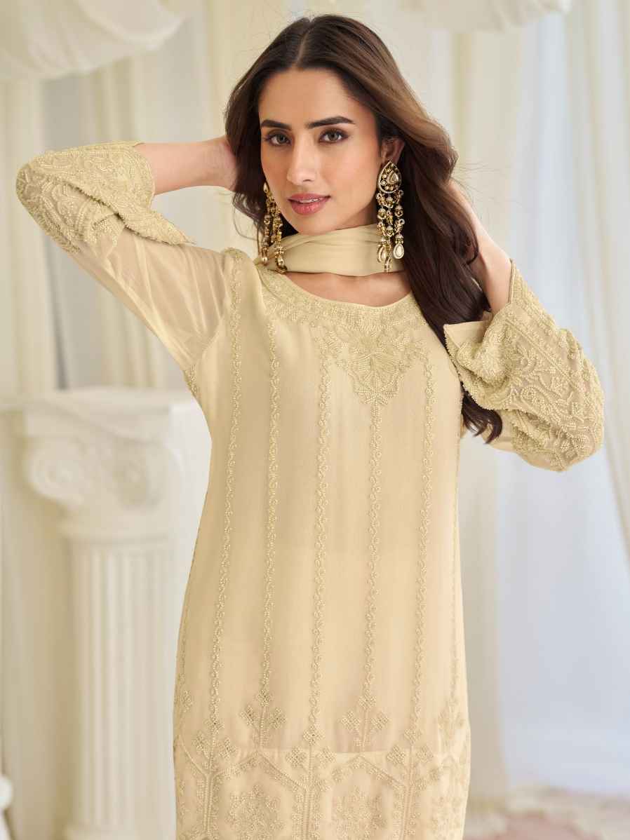 Cream Beads Embroidered Chinon Silk Kurti Palazzo Set with Dupatta