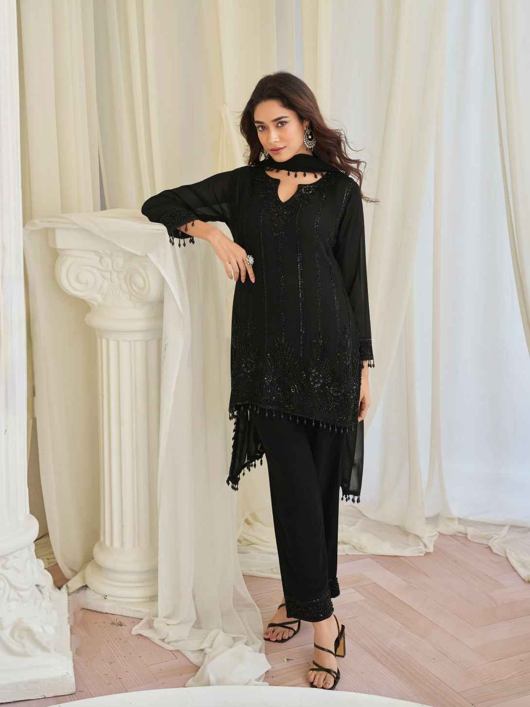 Jet Black Beads Work Real Georgette Kurti with Farsi Palazzo & Dupatta