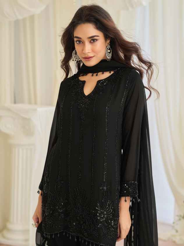 Jet Black Beads Work Real Georgette Kurti with Farsi Palazzo & Dupatta