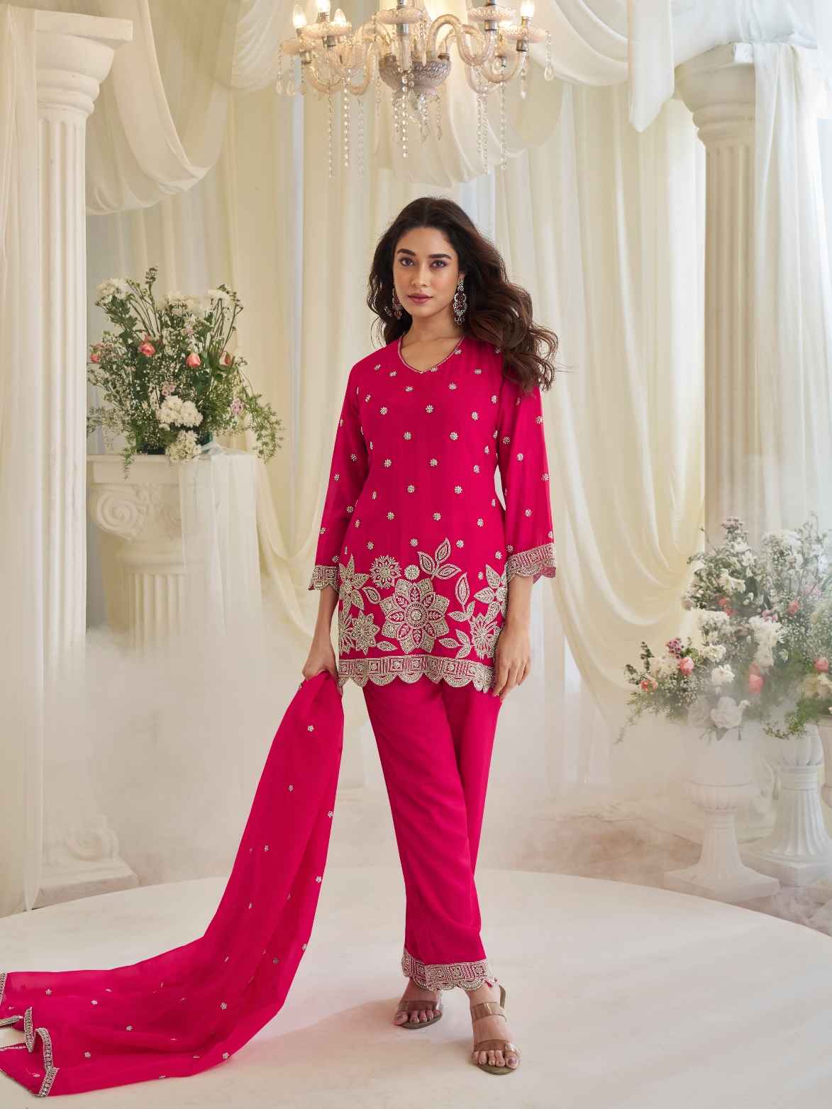 Rani Pink Simar Silk Beads Work Kurti Palazzo Set with Dupatta