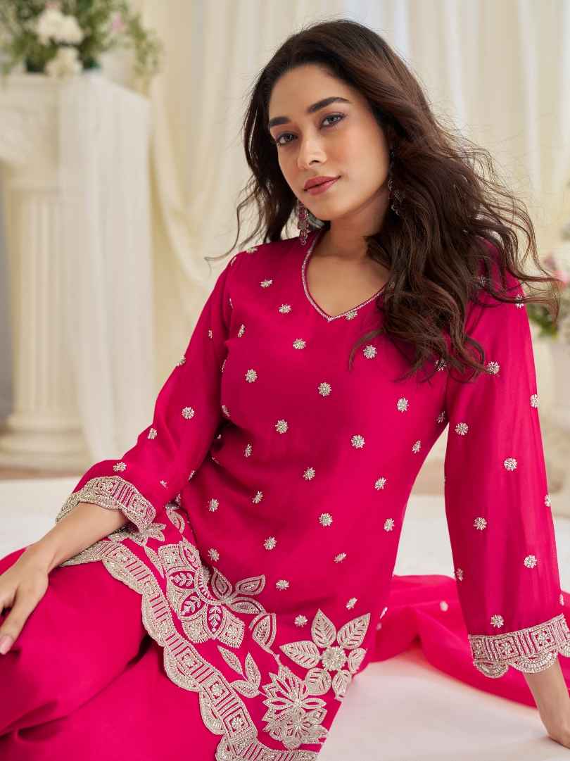 Rani Pink Simar Silk Beads Work Kurti Palazzo Set with Dupatta
