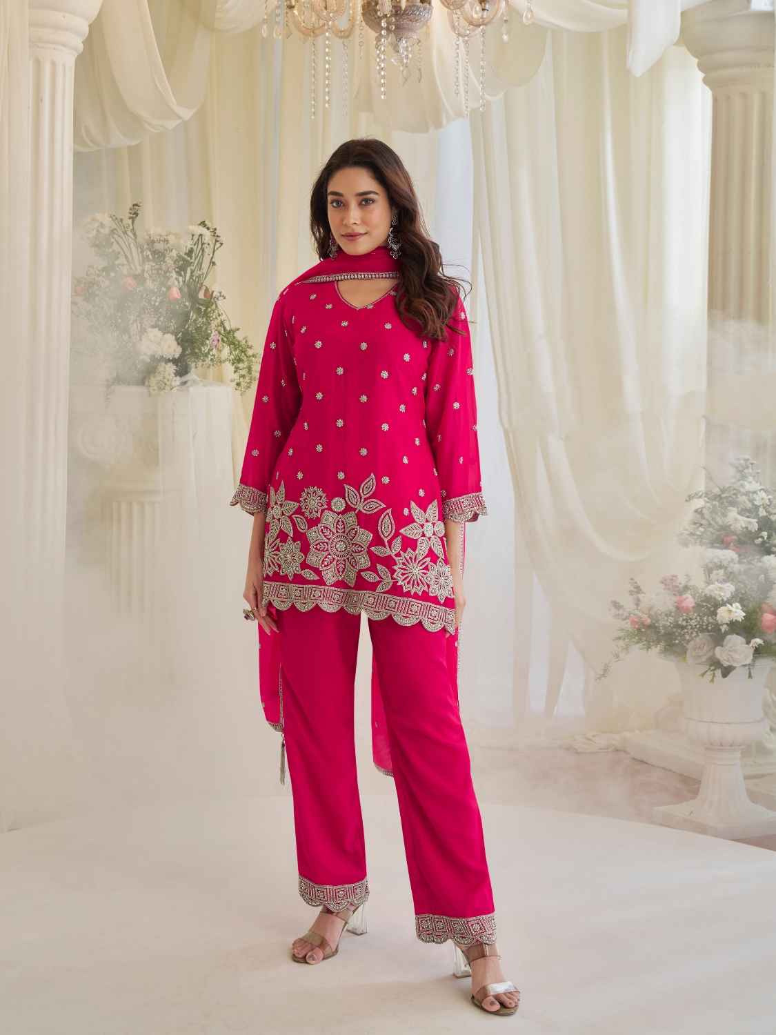 Rani Pink Simar Silk Beads Work Kurti Palazzo Set with Dupatta