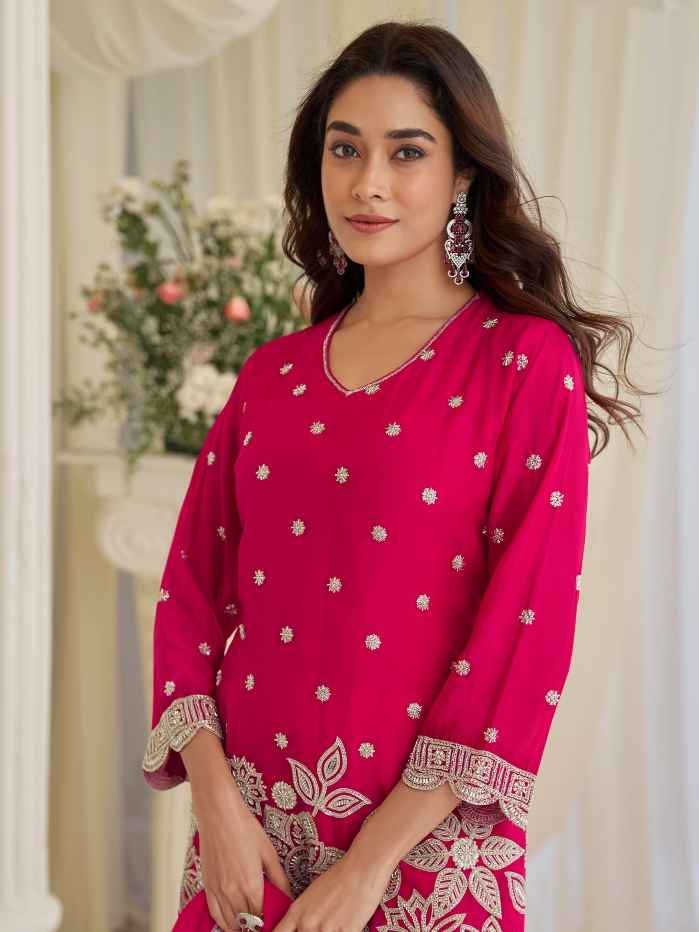 Rani Pink Simar Silk Beads Work Kurti Palazzo Set with Dupatta
