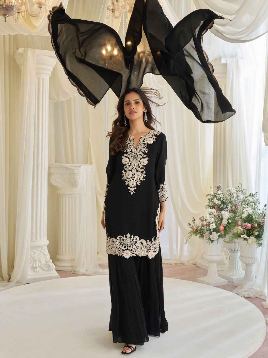Black Beads Embroidered Chinon Silk Kurti Sharara Set with Dupatta