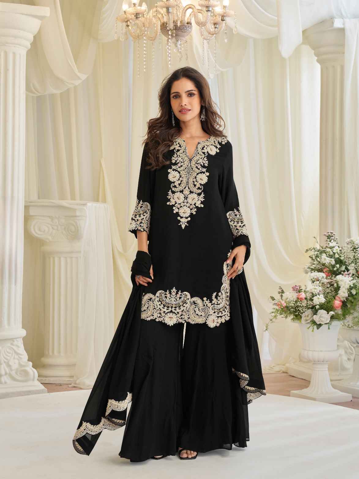 Black Beads Embroidered Chinon Silk Kurti Sharara Set with Dupatta