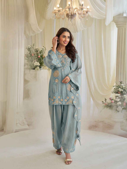 Sky Blue Chinon Silk Beads Embroidered Kurti Palazzo Suit with Dupatta