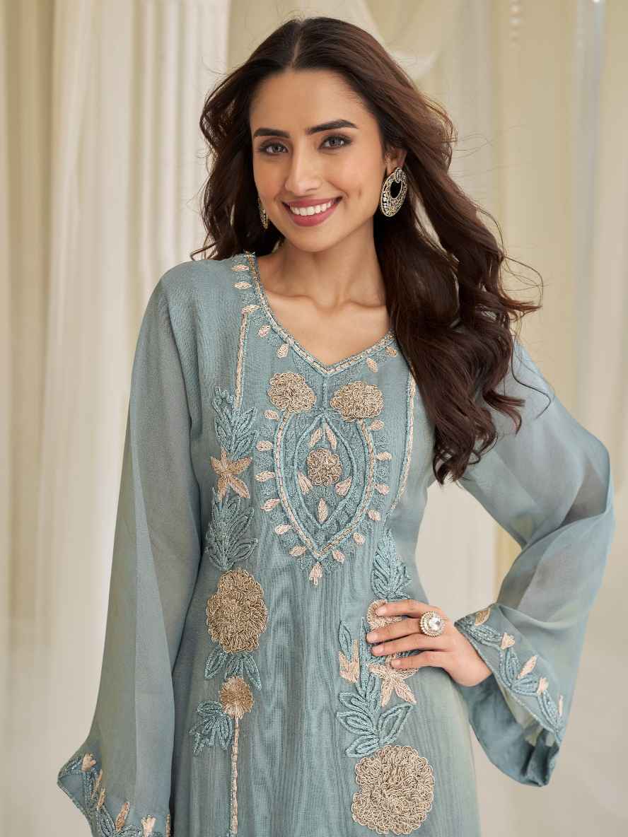 Sky Blue Chinon Silk Beads Embroidered Kurti Palazzo Suit with Dupatta