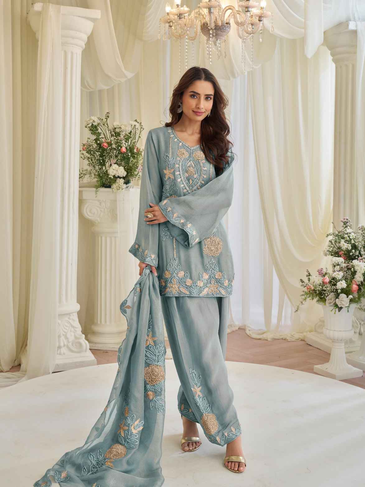 Sky Blue Chinon Silk Beads Embroidered Kurti Palazzo Suit with Dupatta
