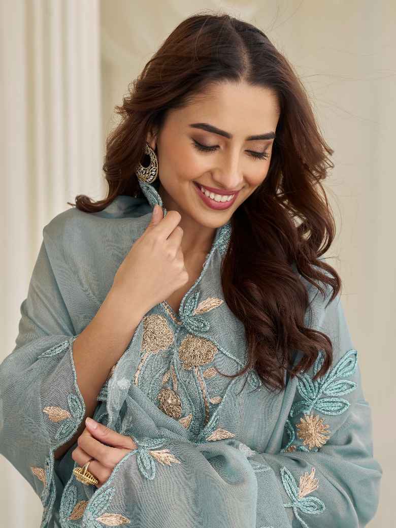 Sky Blue Chinon Silk Beads Embroidered Kurti Palazzo Suit with Dupatta