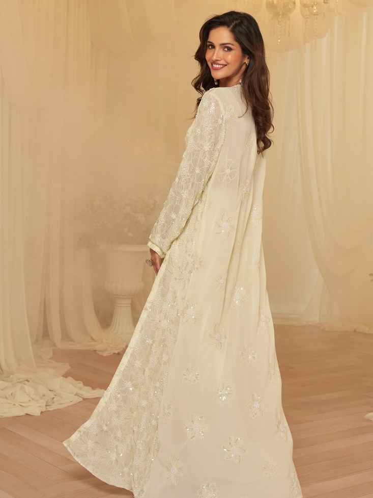 Ivory Beaded Jacket Palazzo Set with Embroidered Blouse