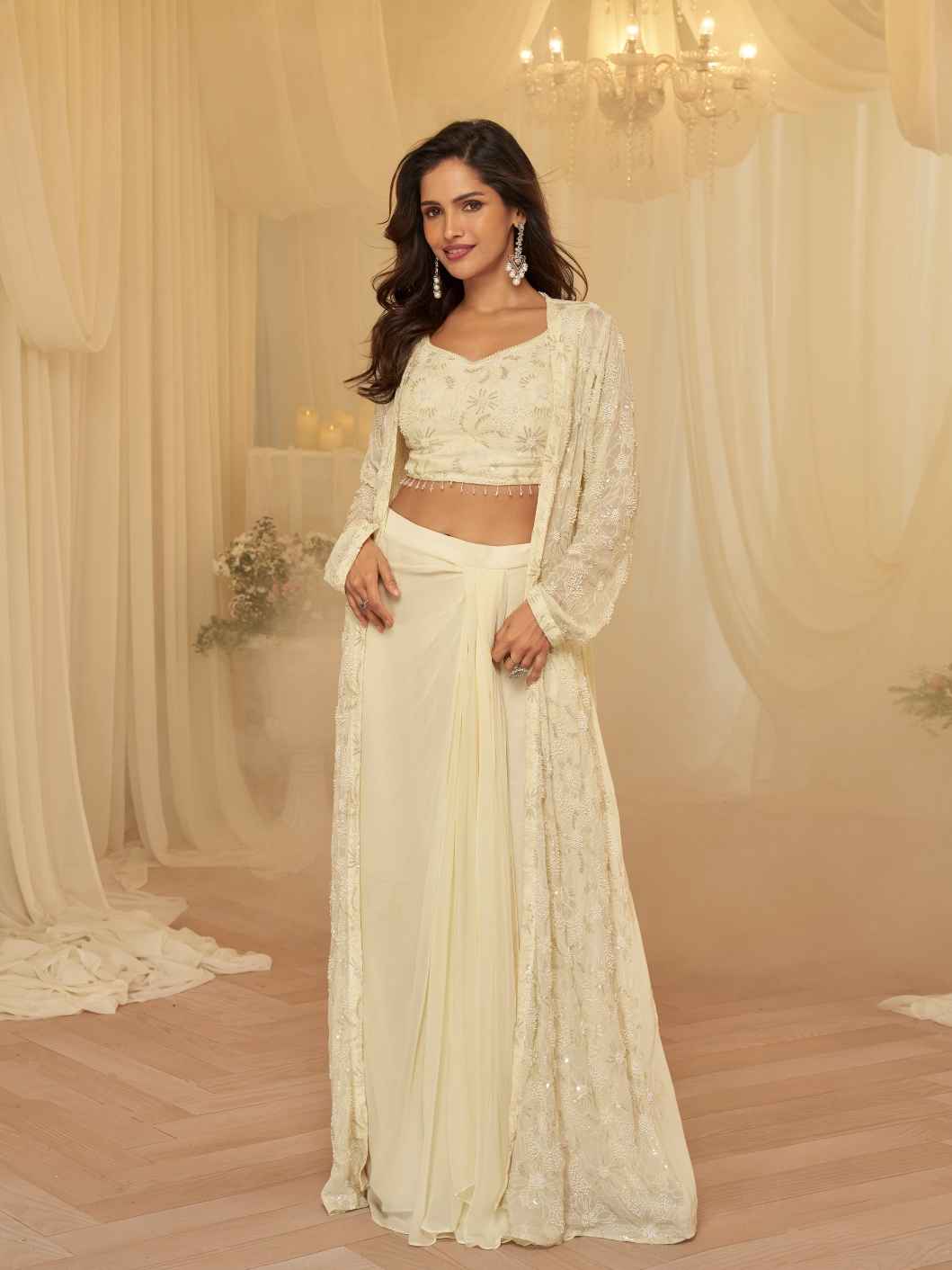 Ivory Beaded Jacket Palazzo Set with Embroidered Blouse