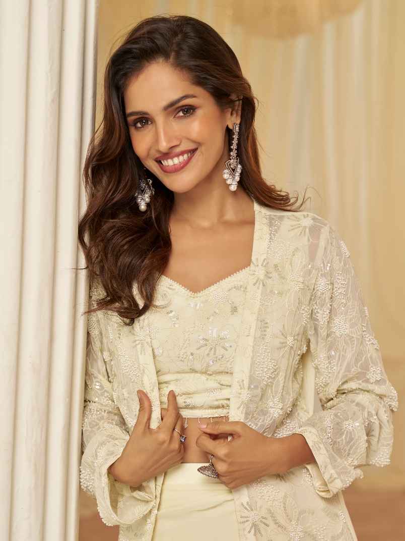 Ivory Beaded Jacket Palazzo Set with Embroidered Blouse