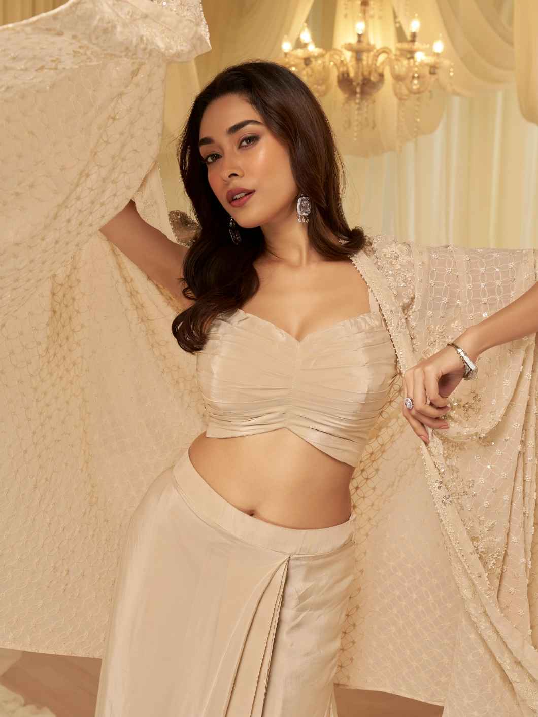 Champagne Beige Ruched Blouse Jacket Palazzo Set